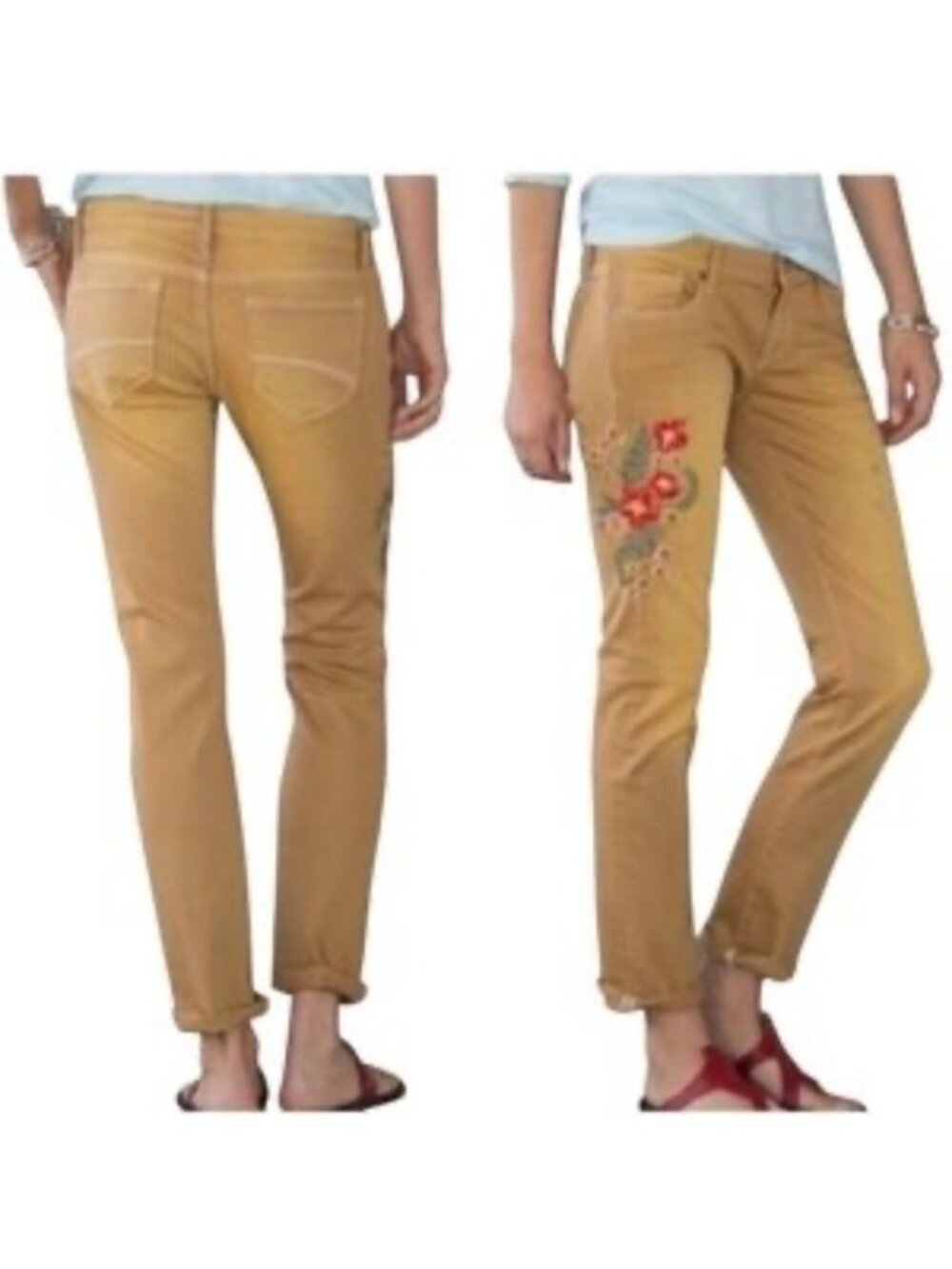 Driftwood Womens Sz  28 Audrey Skinny Khaki Jeans With Floral Embroidery